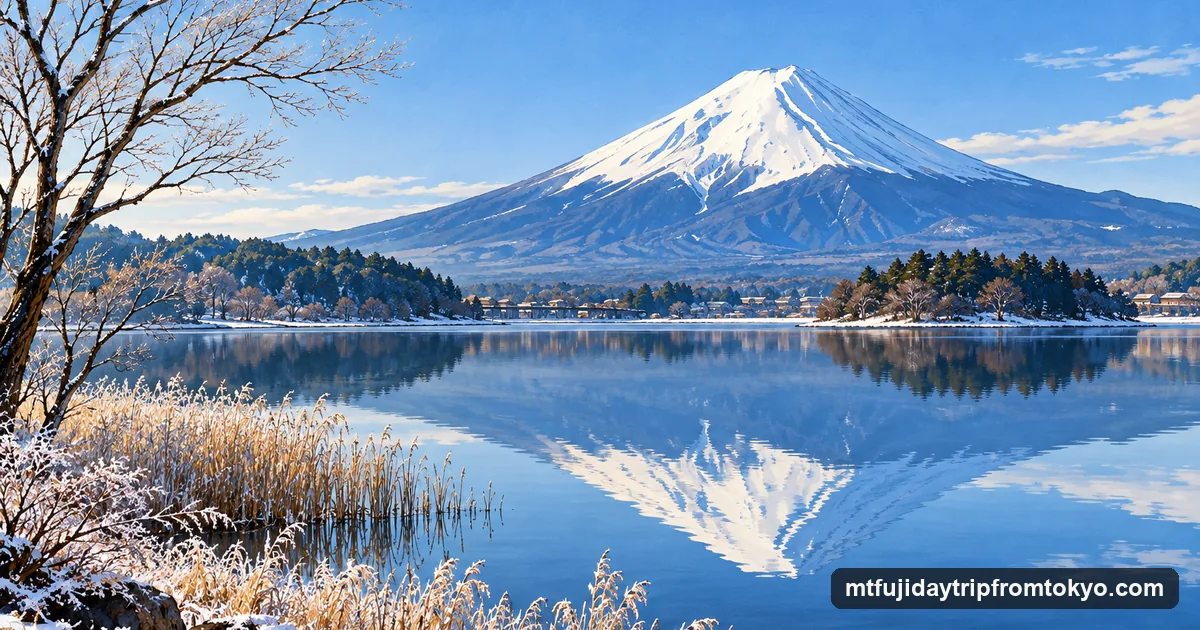 Illustration: Mt Fuji fully snow-capped under a clear winter morning sky, seen across a calm lake with bare trees on the shore