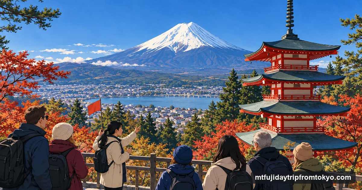 Illustration: a small tour group with a guide holding a flag on a viewpoint terrace, a red five-storey pagoda in the foreground and Mt Fuji behind