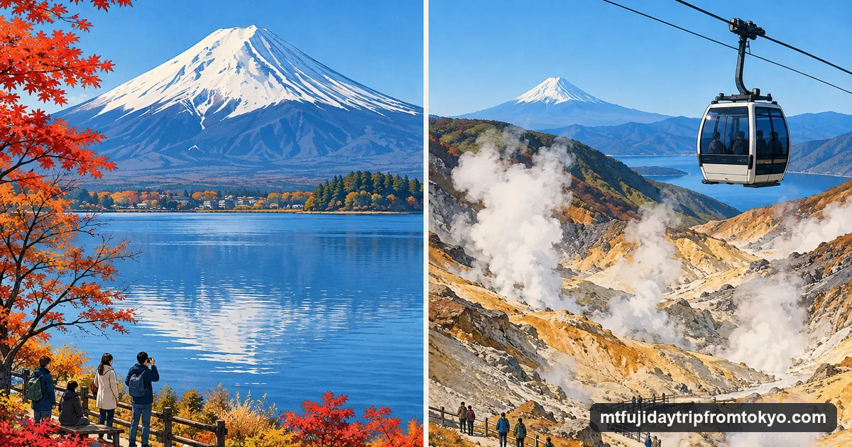 Illustration: a split scene, on the left Mt Fuji rising directly behind a lake shore with autumn trees, on the right a cable car over a steaming volcanic valley with Fuji small on the horizon