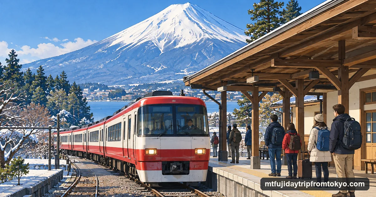 Illustration: a red and white train pulling into a small mountain station, with a snow-capped Mt Fuji rising behind the platform roof