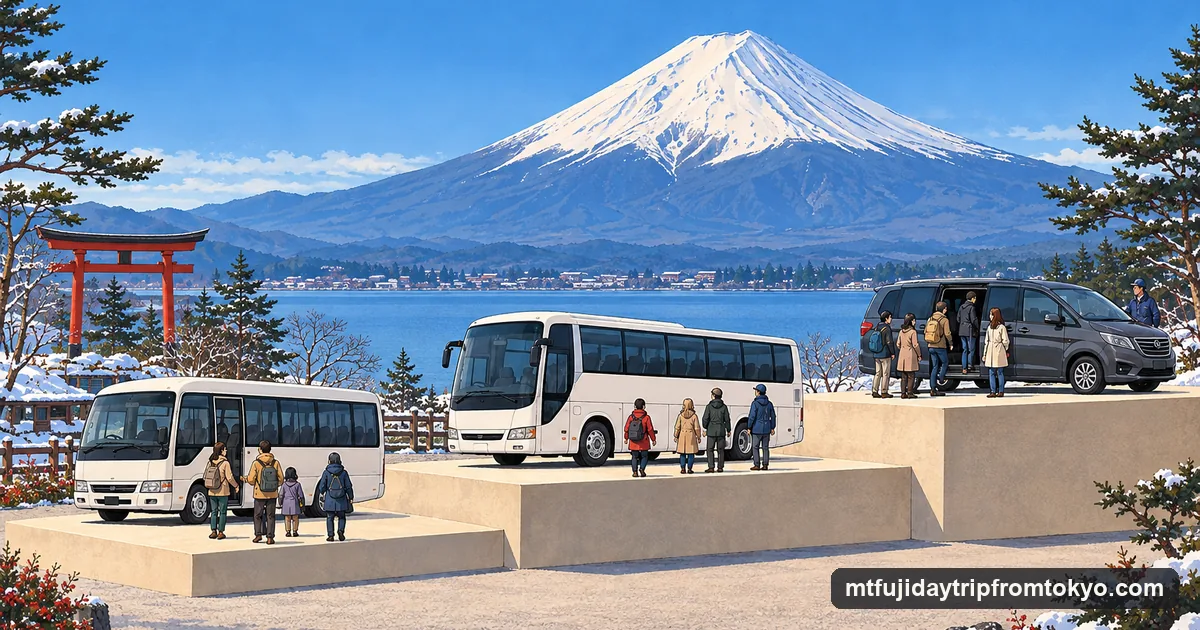 Illustration: a price ladder of three steps, a highway bus, a coach and a private car, set against a snow-capped Mt Fuji