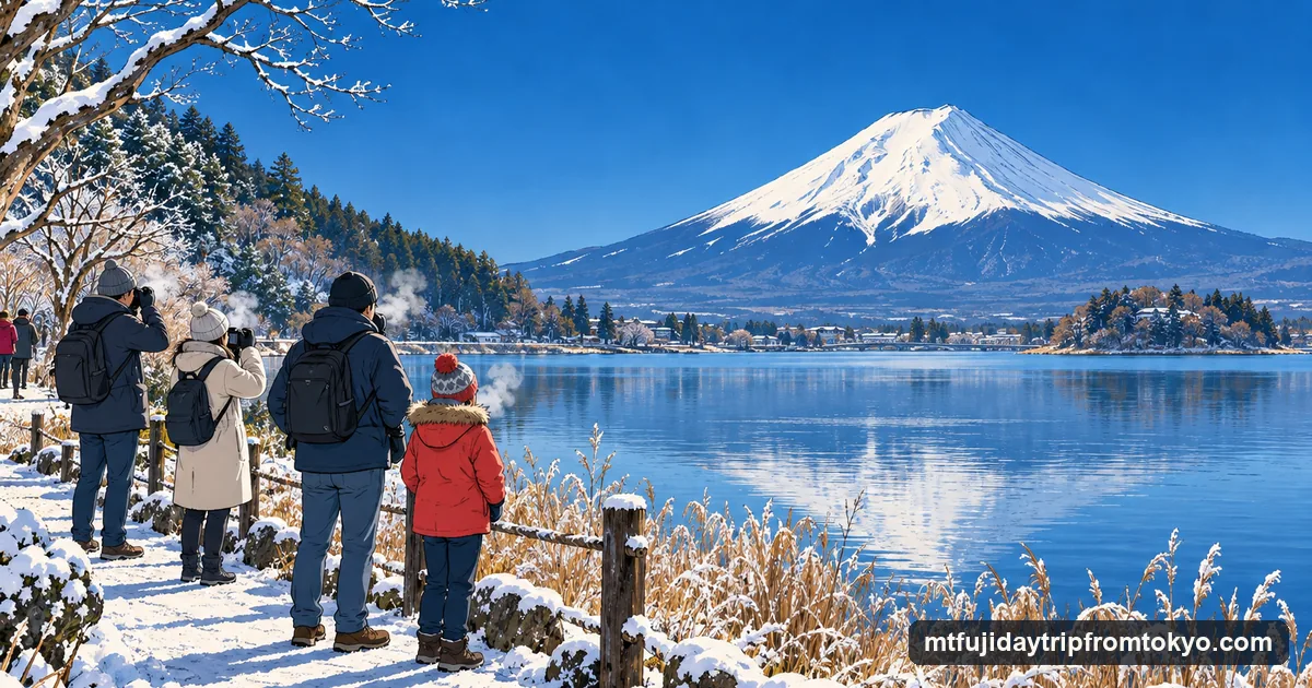 Illustration: visitors in winter coats on a frosty lakeshore path looking across the water at a snow-covered Mt Fuji under a clear blue sky