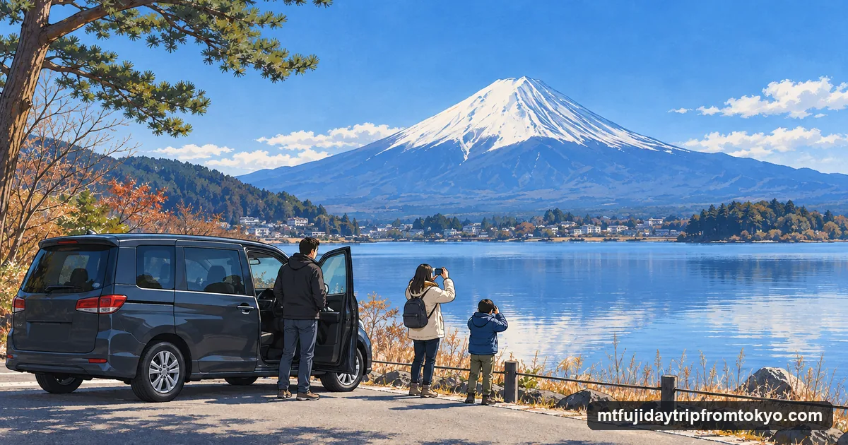 Illustration: a dark people carrier parked by a quiet lakeshore road, a small family taking photos of a snow-capped Mt Fuji across the water while the driver waits by the car